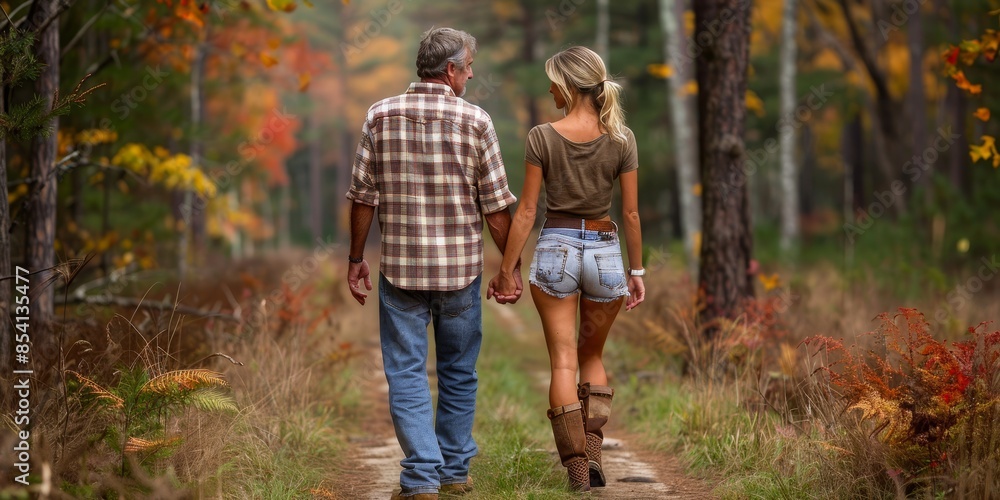 Couple holding hands while walking through an autumn forest, capturing the romantic and peaceful essence of togetherness in nature's vibrant colors, Generative AI Couple holding hands while walking through an autumn forest, capturing the romantic and peaceful essence of togetherness in nature's vibrant colors, Generative AI