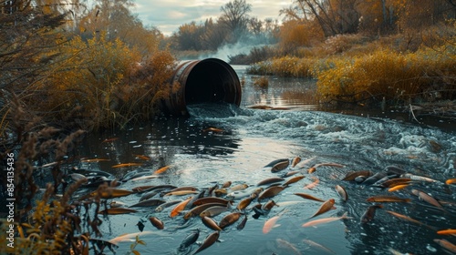 Wallpaper Mural Dirty poisoned water from the pipe is drained into the reservoir. industrial waste poisons the clean water of rivers and lakes Torontodigital.ca
