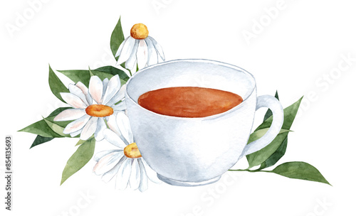 Watercolor illustration of chamomile tea. Drawing of mug with daisies isolated on white background for packaging and menu design. Drink with herbs for relaxation