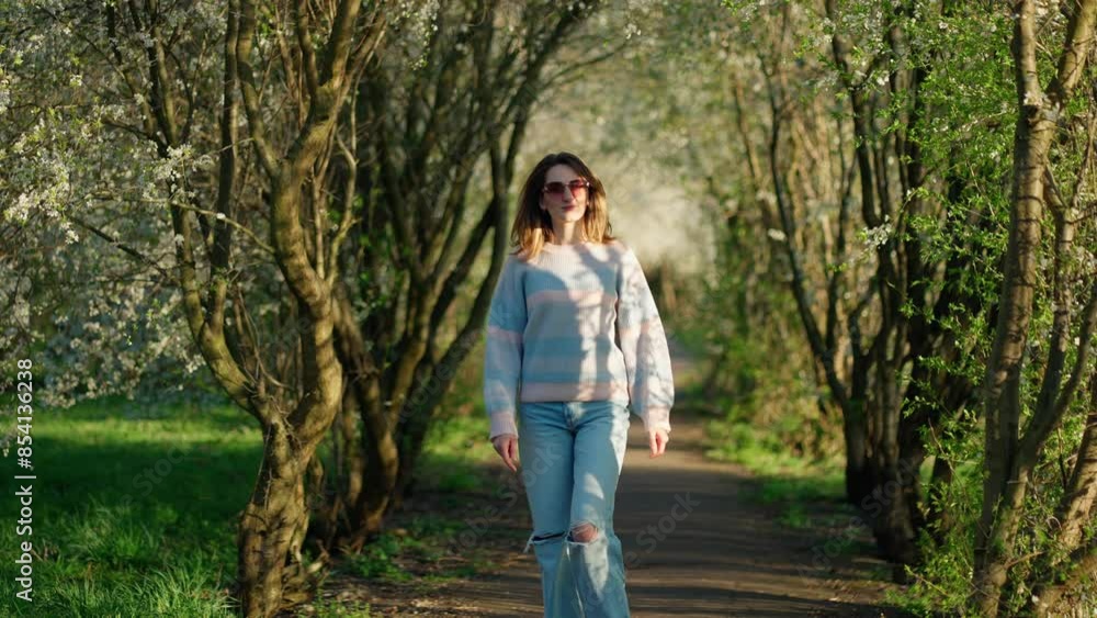 Woman moving through spring blooming park. Concept of lonely walk. Woman moving through spring blooming park. Concept of lonely walk.