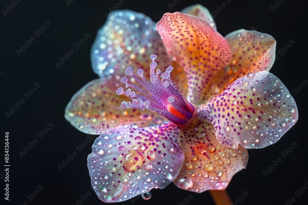 Close-Up of a Delicate Orchid Blossom with Water Droplets Close-Up of a Delicate Orchid Blossom with Water Droplets