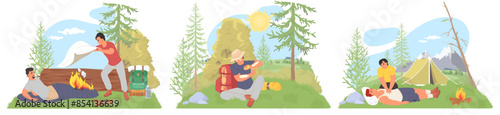 Camping travel accident and bad situation vector illustration. Traveler victim in trouble at campground scene set. Problem with health and fire ignition during outdoor trip on wild nature concept