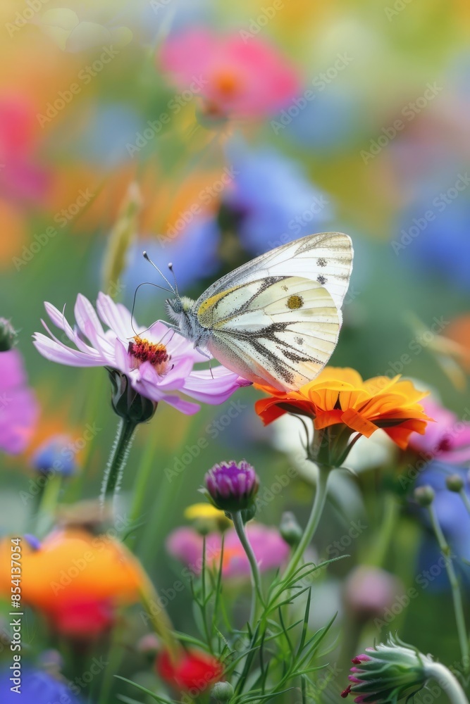 Naklejka premium Butterfly on a Flower in a Field of Flowers.
