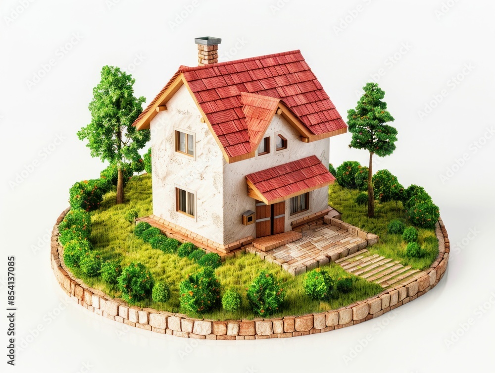 Cozy House with Red Roof and Green Garden. Generative ai Cozy House with Red Roof and Green Garden. Generative ai