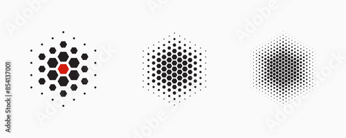 Set of dotted abstract shapes. Hexagonal halftone pattern. Half tone design elements in geometric tech style for logo, banner, web page, print, poster, business cards and template.