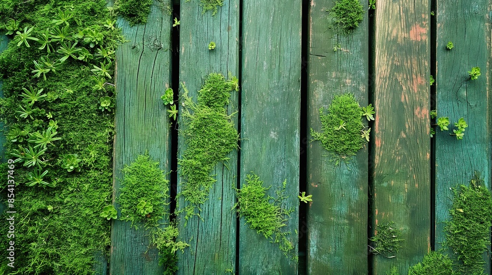 top view of green mossy wood planks texture arranged vertically, background for overlay top view of green mossy wood planks texture arranged vertically, background for overlay