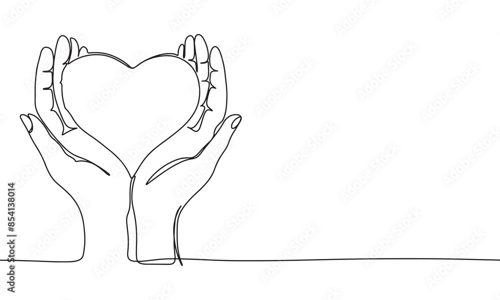 Obraz premium Heart in hands one line continuous. Line art heart in hands. Hand drawn vector art.