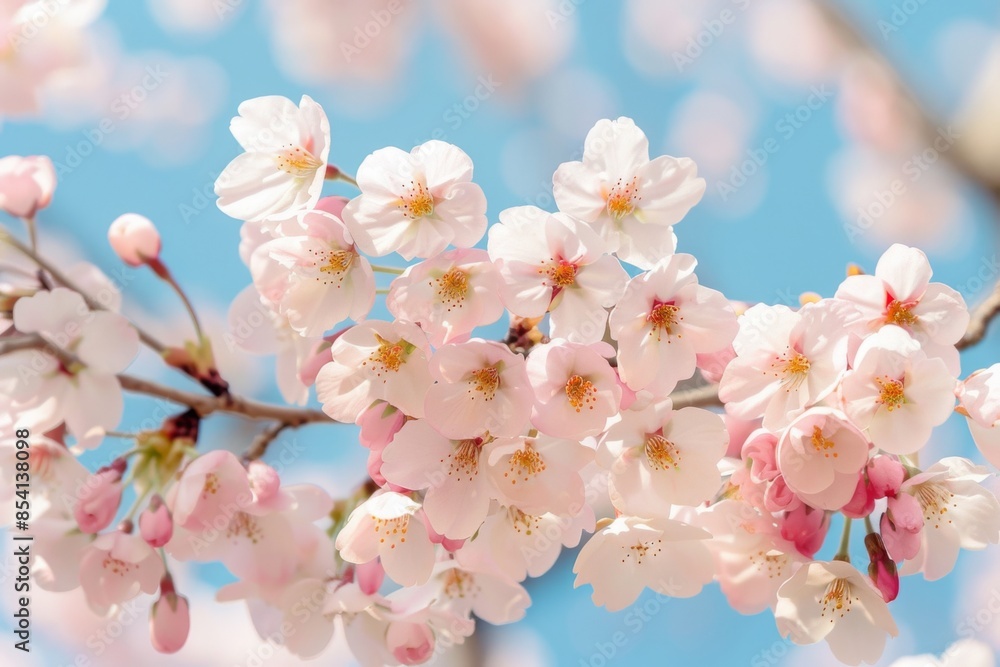 Experience the breathtaking beauty of delicate cherry blossoms in full bloom, as their pale pink petals create a stunning contrast against the clear blue sky in Japan. Experience the breathtaking beauty of delicate cherry blossoms in full bloom, as their pale pink petals create a stunning contrast against the clear blue sky in Japan.