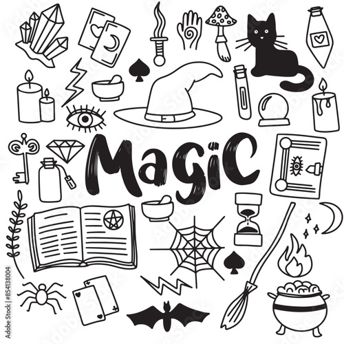 Collection of magic doodle icons set. Hand drawn vector art.