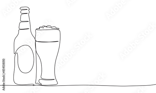 Bottle and glass of beer one line continuous. Line art beer. Hand drawn vector art.