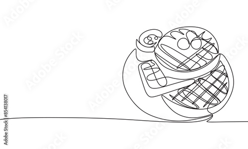 Waffles on plate one line continuous. Line art breakfast. Hand drawn vector art.
