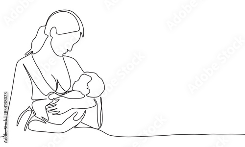 Woman with a baby one line continuous. Line art Woman with a baby. Hand drawn vector art.
