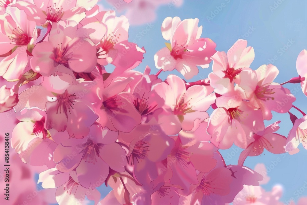 A stunning close-up shot of a cluster of cherry blossoms, with their vibrant pink hues beautifully contrasting against the clear blue sky. A stunning close-up shot of a cluster of cherry blossoms, with their vibrant pink hues beautifully contrasting against the clear blue sky.