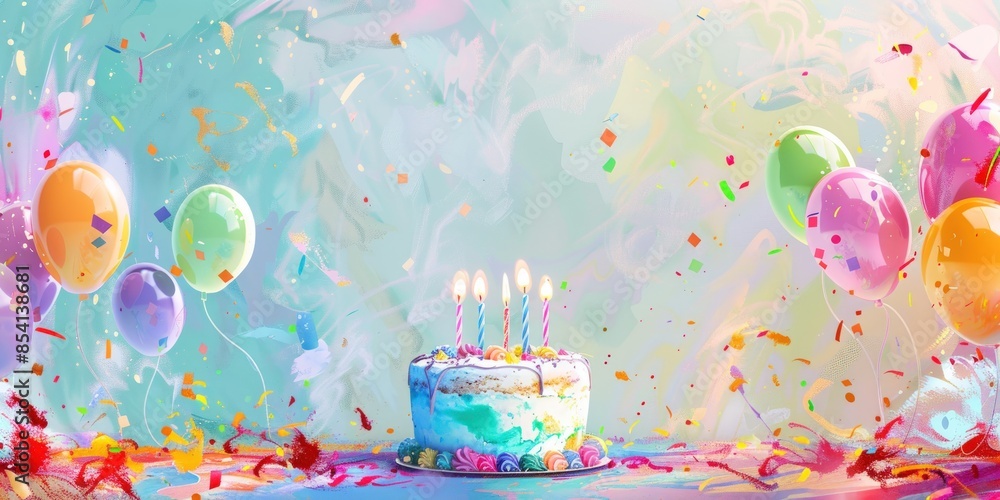 A birthday cake with candles on it and colorful balloons in the background. Generate AI image A birthday cake with candles on it and colorful balloons in the background. Generate AI image
