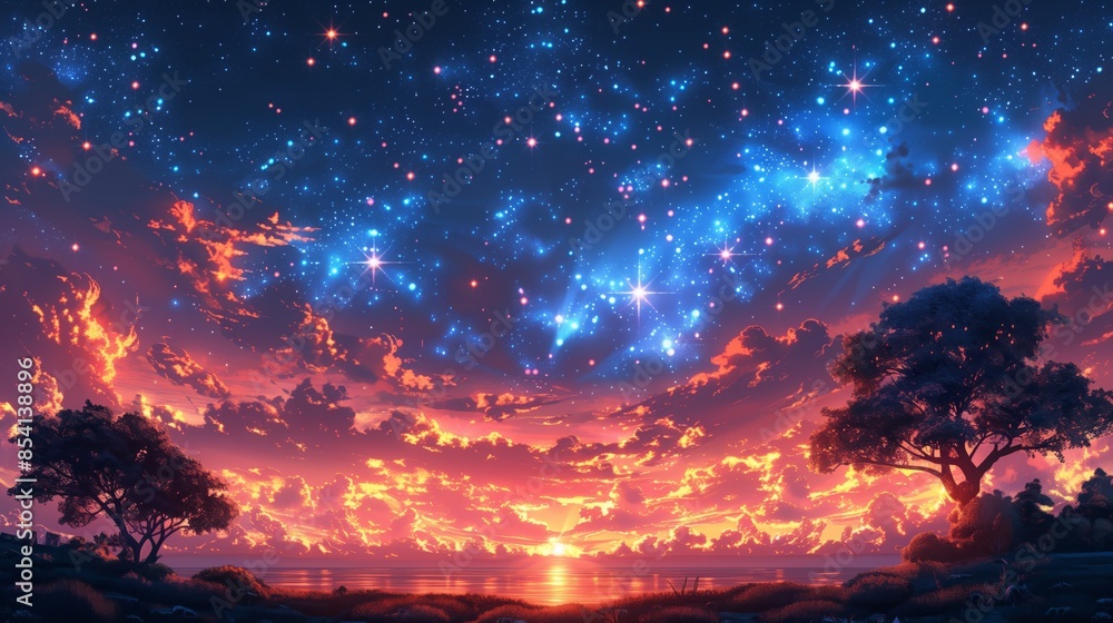 Obraz premium A serene image depicting a vibrant night sky filled with stars over a calm lake.