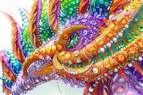 A close-up view of a Mardi Gras float, showcasing the intricate beadwork and dazzling rhinestones that create a mesmerizing spectacle of light and color. 