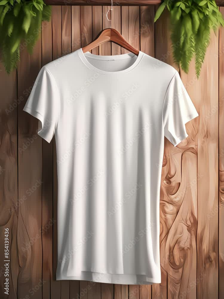 presentation of a hanging mockup of a plain white t-shirt, with a wooden pattern background, 4k resolution footage, generated ai presentation of a hanging mockup of a plain white t-shirt, with a wooden pattern background, 4k resolution footage, generated ai
