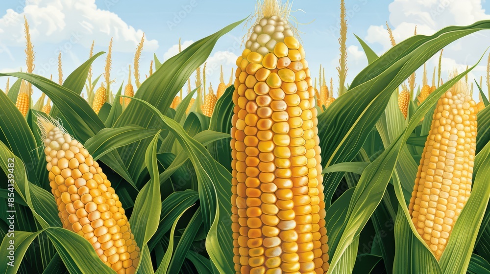 Obraz premium Detailed graphic illustration of lush corn, tall green stalks with ripe golden ears, vivid colors and intricate patterns capturing the abundance of a thriving cornfield