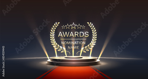 Awards nomination name podium, golden prize event, scene star ceremony. Vector illustration