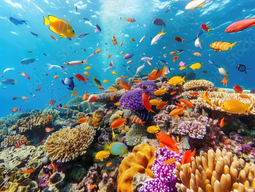 Vibrant Coral Reef with Colorful Fish.