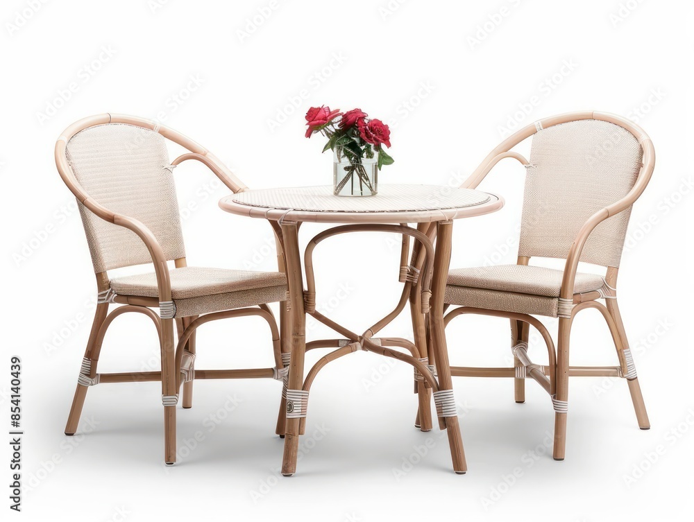 A table with two chairs and a vase of flowers on it A table with two chairs and a vase of flowers on it
