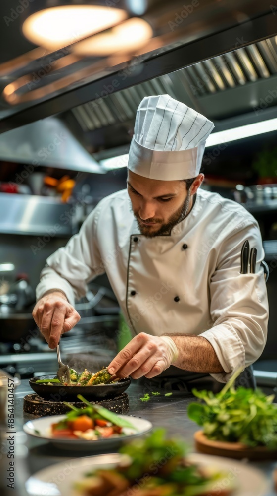 Chef preparing a dish with precision in a professional kitchen.
Chef preparing a dish with precision in a professional kitchen.