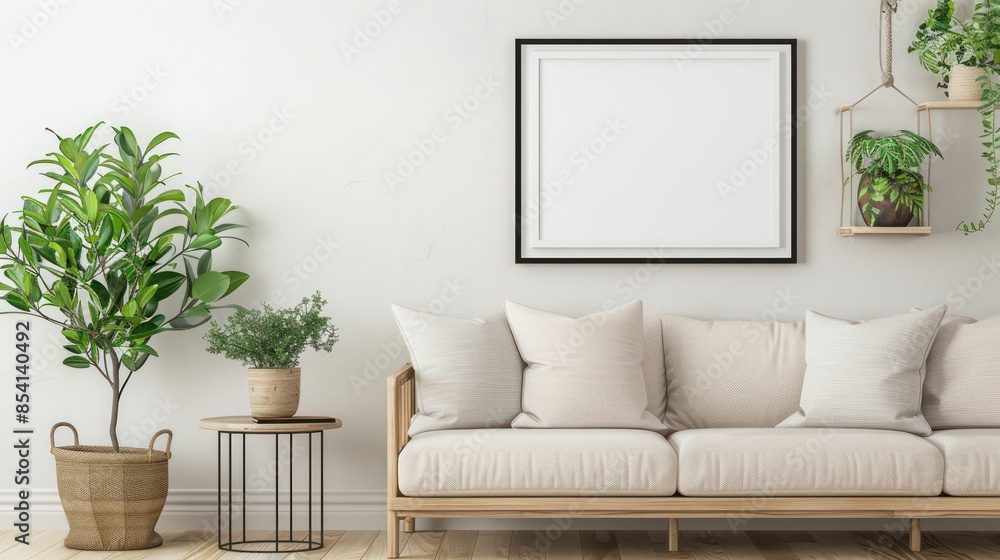 A living room with a white couch, a coffee table, and a potted plant A living room with a white couch, a coffee table, and a potted plant