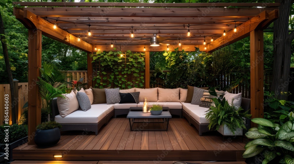 A large wooden gazebo with a table and chairs in the middle A large wooden gazebo with a table and chairs in the middle