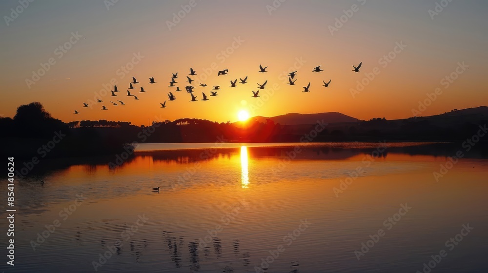 Fototapeta premium Birds Flying Over Lake at Sunset.