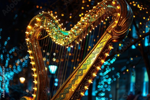A stunning float showcases a colossal Celtic harp adorned with sparkling lights, adding enchantment to the lively St. Patrick's Day Parade in Ireland. © Jennie Pavl