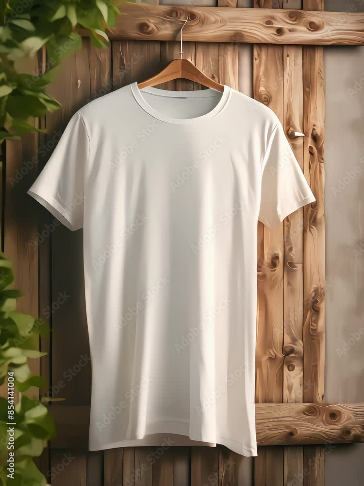 presentation of a hanging mockup of a plain white t-shirt, with a wooden pattern background, 4k resolution footage, generated ai presentation of a hanging mockup of a plain white t-shirt, with a wooden pattern background, 4k resolution footage, generated ai