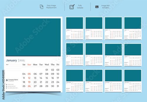 2025 Corporate Wall Calendar Template Design.Set of 12 pages calendar vector design with  print template