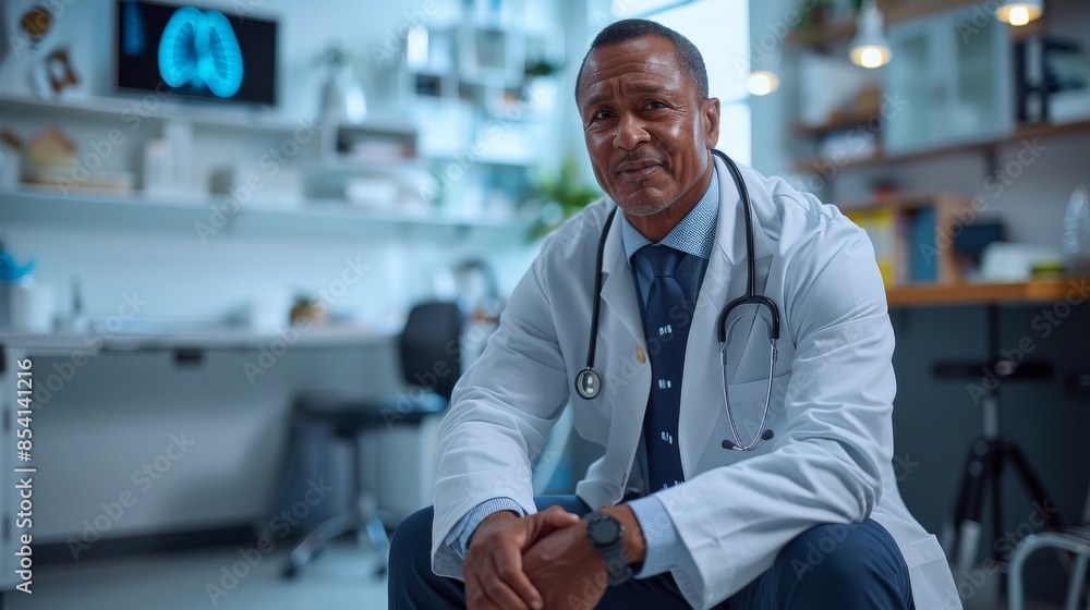 Fototapeta premium Considerate male doctor sitting in his office with x-ray scans in the background, depicting medical expertise