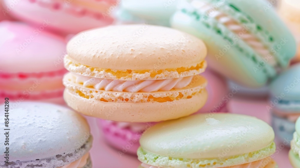Delicate French Macarons Arranged in a Visually Appealing Pastel Colored Display Delicate French Macarons Arranged in a Visually Appealing Pastel Colored Display