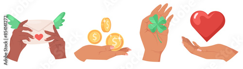 Human hands holding mail envelope, gold coin money, clover plant leaf, heart love symbol cartoon set. Different objects in male female arms emoji sign vector illustration