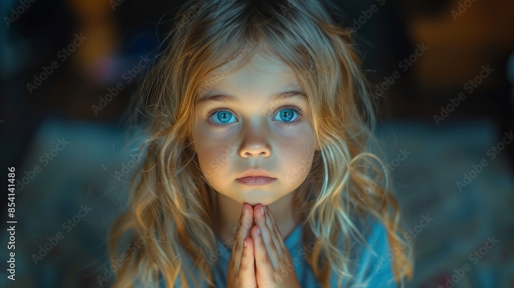 A young girl with intense blue eyes and an expression of hope and innocence, framed by golden hair A young girl with intense blue eyes and an expression of hope and innocence, framed by golden hair