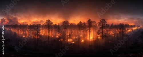 A moody, panoramic scene of raging fire consuming a forest under an orange, smoke-filled sky at dawn or dusk