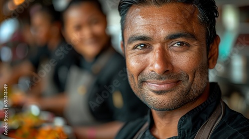 A content male restaurant staff member smiling confidently in a well-lit, warm restaurant environment