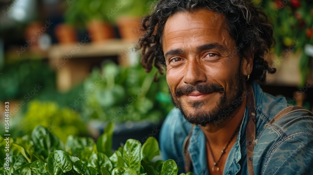 A friendly curly-haired man smiling at an organic vegetable market A friendly curly-haired man smiling at an organic vegetable market