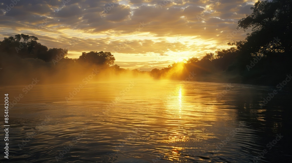 Golden Sunrise over River with Fog. Golden Sunrise over River with Fog.