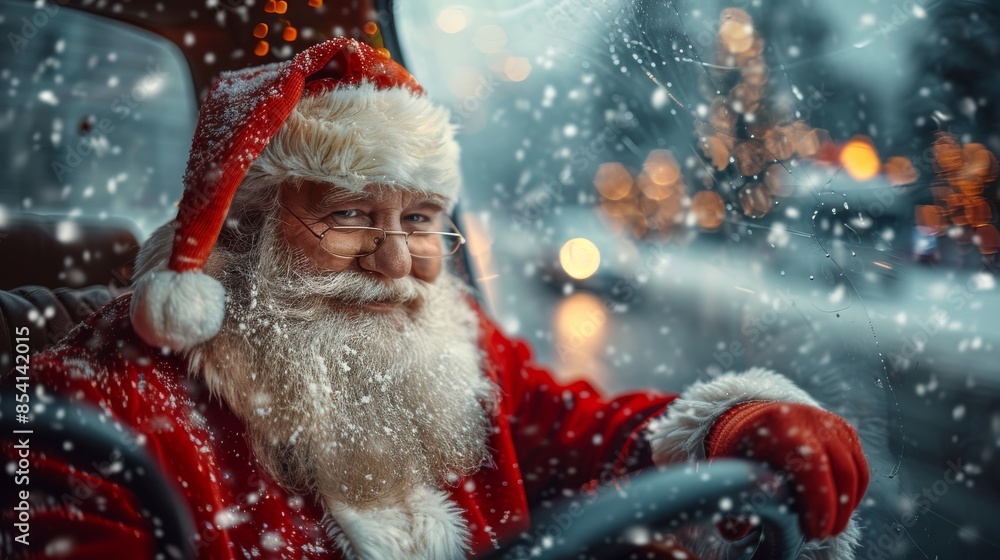 Santa Claus figurine driving a vehicle, framed by snowflakes and bokeh lights in a Christmas setting Santa Claus figurine driving a vehicle, framed by snowflakes and bokeh lights in a Christmas setting