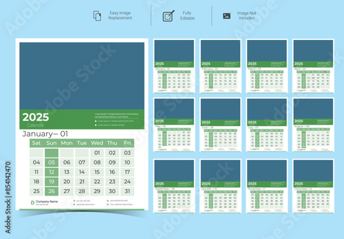 2025 Corporate Wall Calendar Template Design.Set of 12 pages calendar vector design with  print template