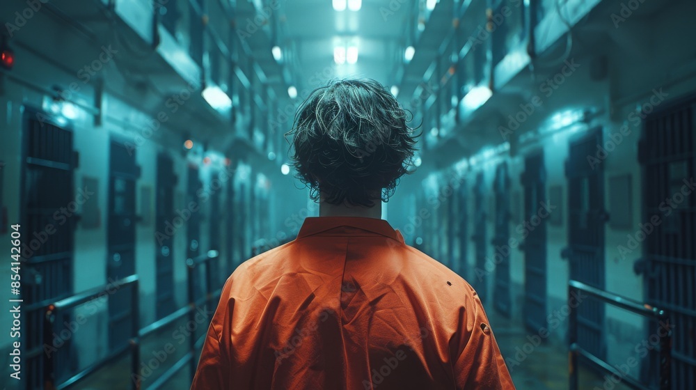 The back view of an inmate in an orange jumpsuit gazing down a well-lit prison hallway invokes thoughts of isolation The back view of an inmate in an orange jumpsuit gazing down a well-lit prison hallway invokes thoughts of isolation