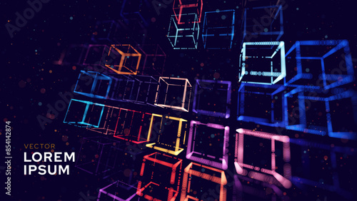 Big Data 3D Cubes Quantum Computer Server Concept Background. 3D Blockchain Cube Blocks Concept. Data Core Abstract Cubes. Artificial Intelligence HUD Design Vector BG.
