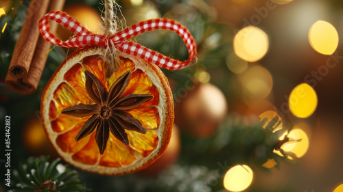 Christmas decoration with dried orange slice, star anise, and ribbon. © SashaMagic