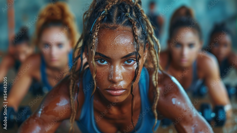Sporty female in a focused state during intense workout, portraying dedication and strength Sporty female in a focused state during intense workout, portraying dedication and strength