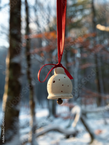 Ceramic bell with a red ribbon hanging in a winter forest.