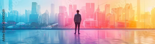 A silhouette of a person standing in front of a vibrant cityscape, displaying a gradient of blue to orange hues, symbolizing urban life and dreams.