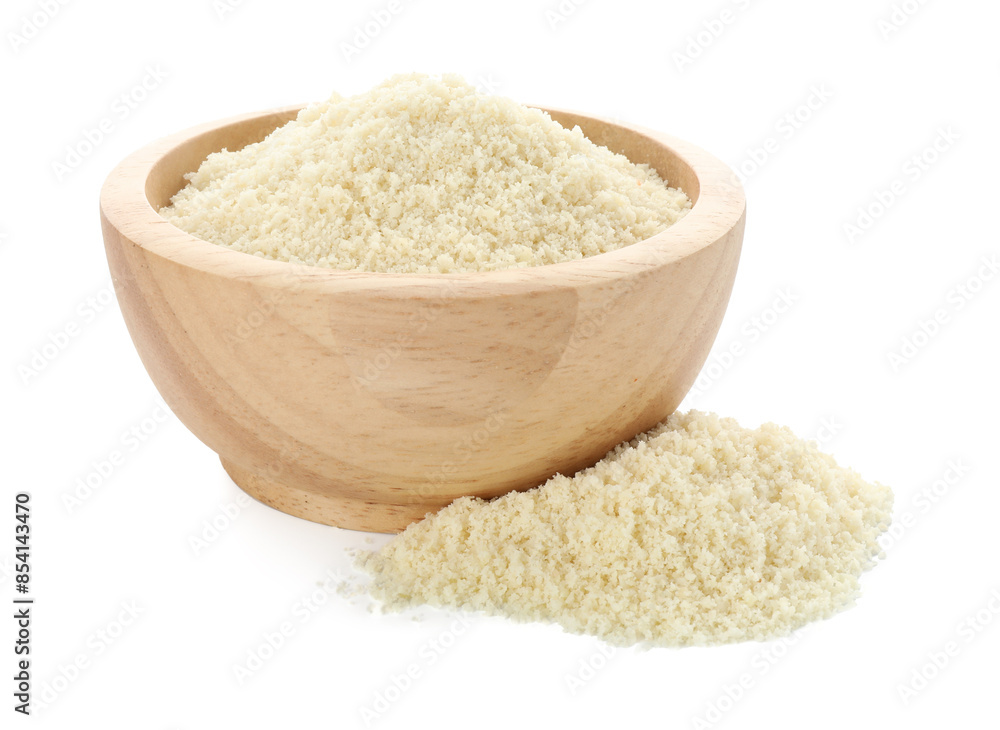Fresh almond flour and bowl isolated on white Fresh almond flour and bowl isolated on white
