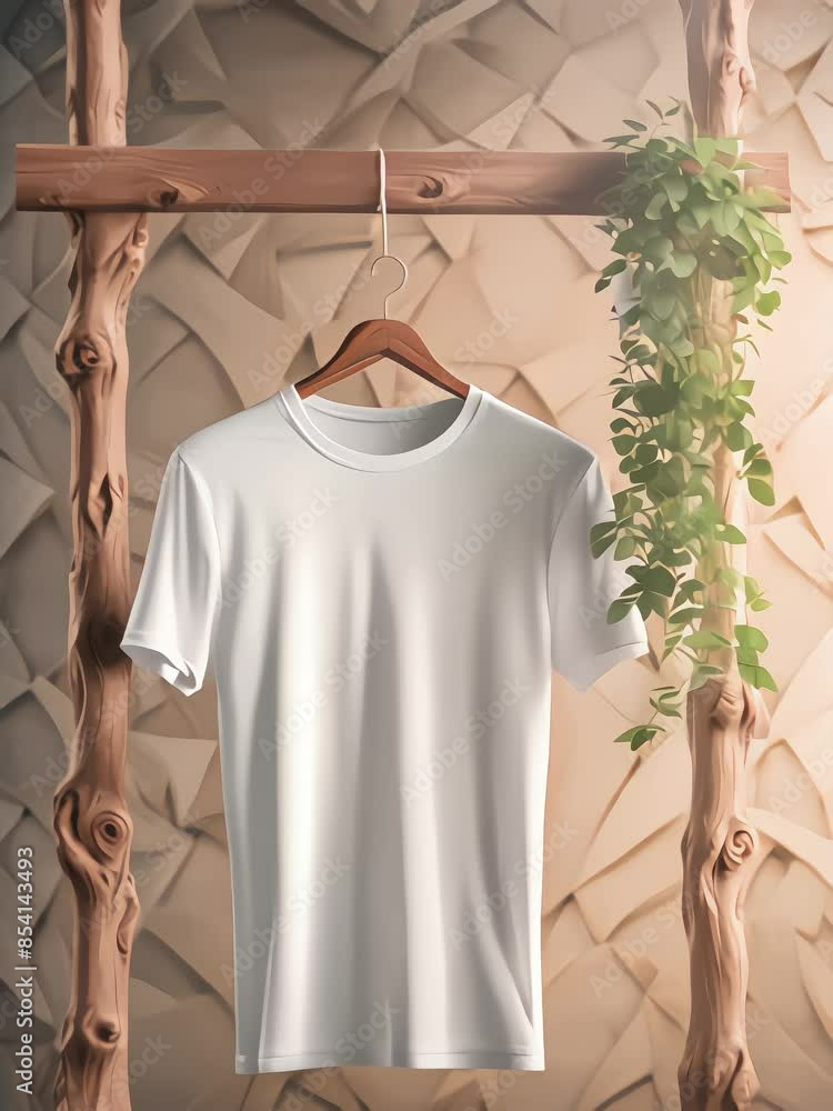 presentation of a hanging mockup of a plain white t-shirt, with a wooden pattern background, 4k resolution footage, generated ai presentation of a hanging mockup of a plain white t-shirt, with a wooden pattern background, 4k resolution footage, generated ai